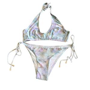 Smeralda womens 2pc bikini set multicolor printed top Sz L button Sz M